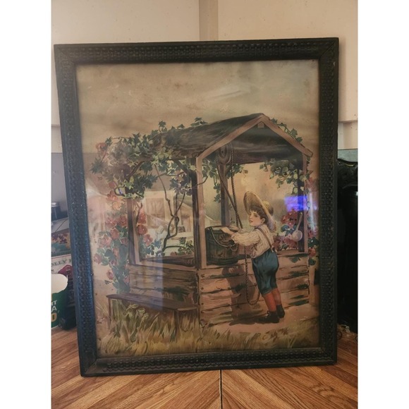 Other - Antique Wood Framed Victorian Lithograph Print "OLD OAKEN BUCKET" Boy at Well